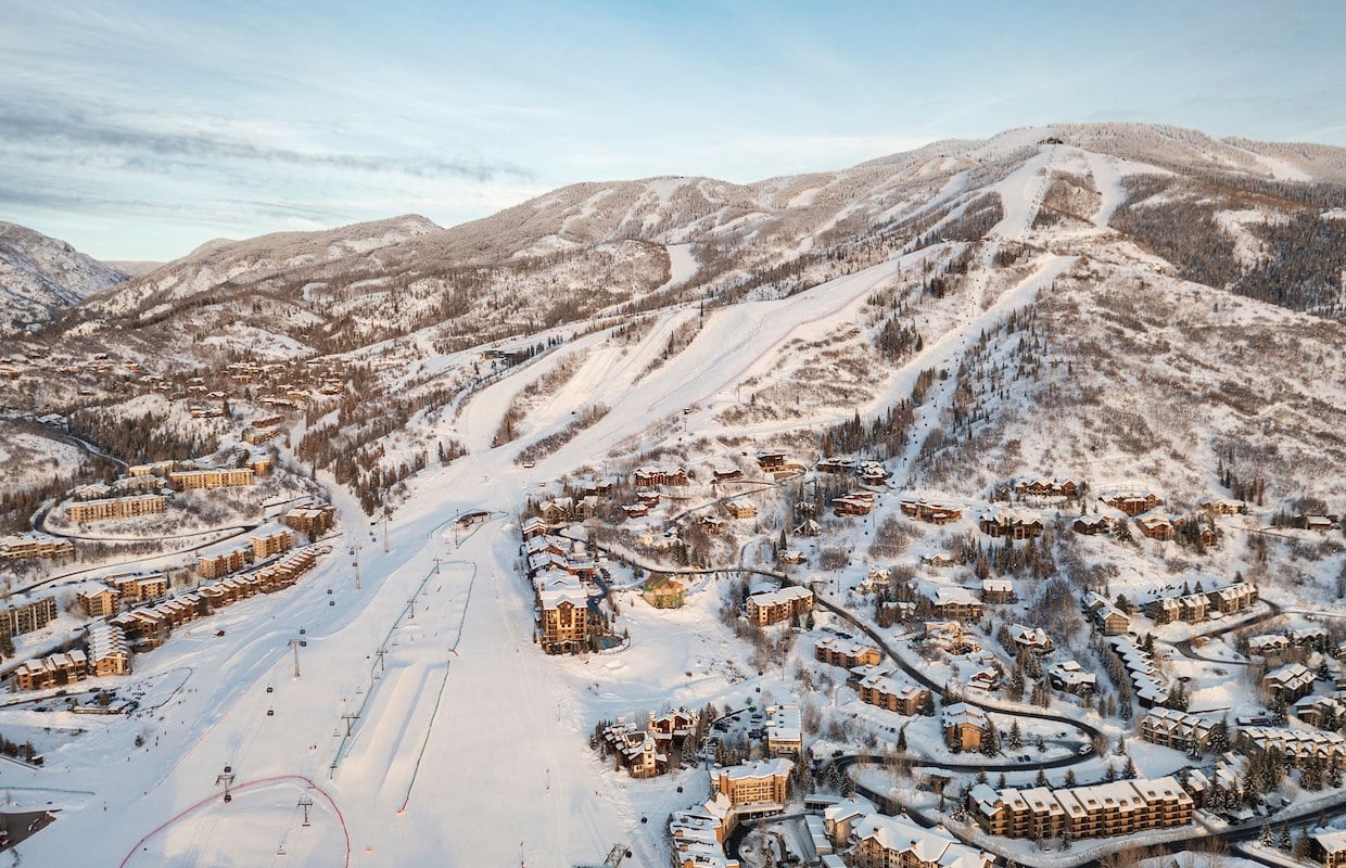 Aerial view of a ski resort in the mountains